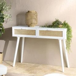 Console blanche 2 tiroirs cannage naturel