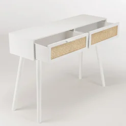 Console blanche 2 tiroirs cannage naturel