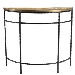 Console demi-lune 90x36cm alu doré pieds métal noirs torsadés JOHAN