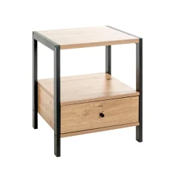 Console en métal noir étagères et tiroir décor chêne