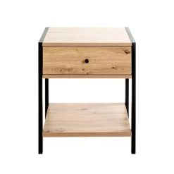 Console en métal noir étagères et tiroir décor chêne