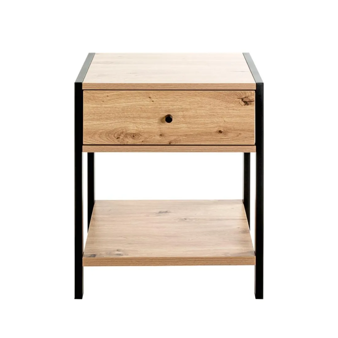 Console en métal noir étagères et tiroir décor chêne
