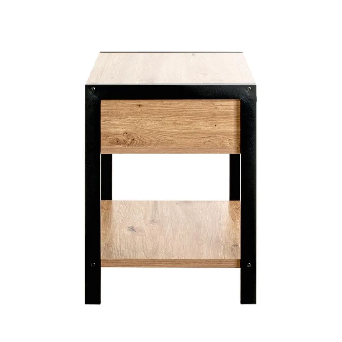 Console en métal noir étagères et tiroir décor chêne