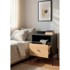 Console en tube d 'acier peint en noir par poudrage corps en MDF décor chêne naturel