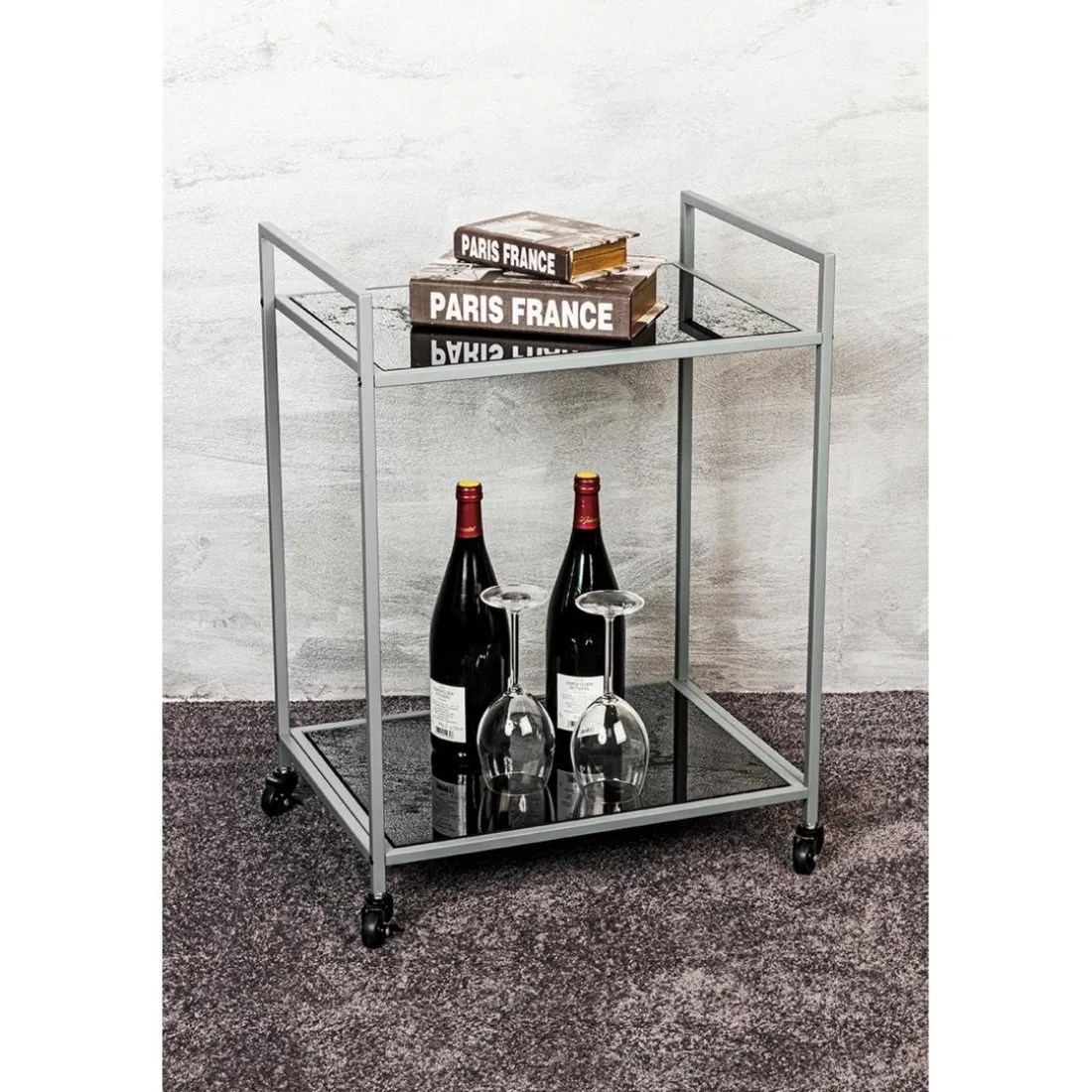 Desserte en métal gris double étagères en verre