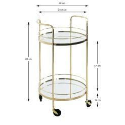 Desserte en métal laitonné et tablettes en verre miroir
