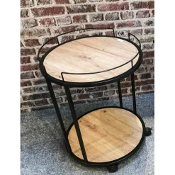 Desserte ronde sur roulettes avec plateaux en MDF décor chêne et en Tube d'acier laqué Noir