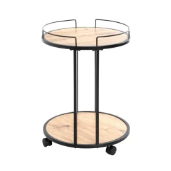 Desserte ronde sur roulettes avec plateaux en MDF décor chêne et en Tube d'acier laqué Noir
