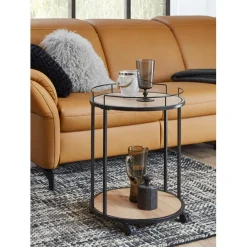Desserte ronde sur roulettes avec plateaux en MDF décor chêne et en Tube d'acier laqué Noir