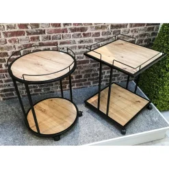 Desserte ronde sur roulettes avec plateaux en MDF décor chêne et en Tube d'acier laqué Noir