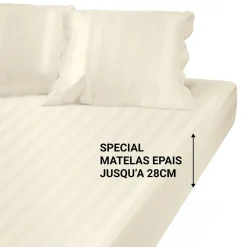 Drap Housse Grand Bonnet satin de coton rayé TERTIO® - Ecru