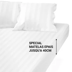 Drap Housse Grand Bonnet XL Satin De Coton rayé TERTIO® -Blanc