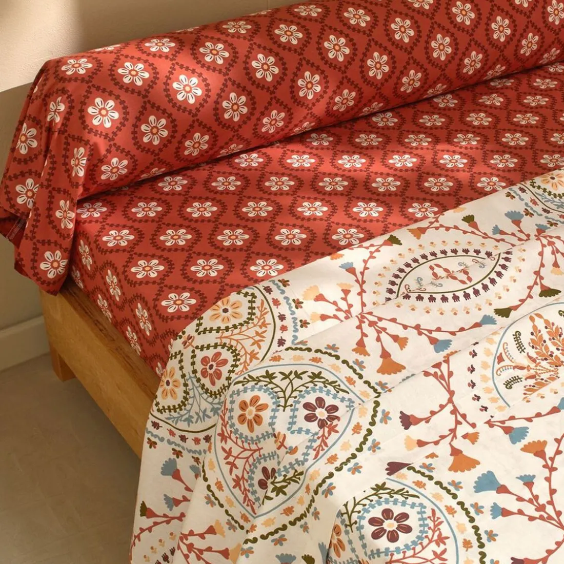 Drap plat DISQUES SOLAIRES, style folk, beige