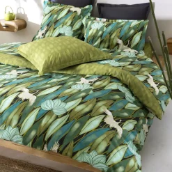 Drap plat en coton DEPAYSANT feuilles tropicales vert bronze