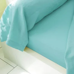 Drap plat en lin lavé uni LAUREAT bleu aqua
