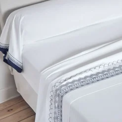Drap plat en percale de coton frises brodées CUPTEA bleu marine