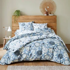 Drap plat imprimé motifs feuilles en coton DR. SEVENTIES bleu
