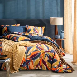 Drap plat PIA percale motif feuillage multicolore