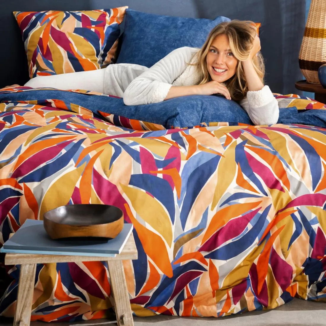 Drap plat PIA percale motif feuillage multicolore