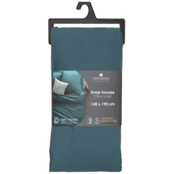Drap-housse en coton, bleu canard, bonnet H30cm, 140x190 cm