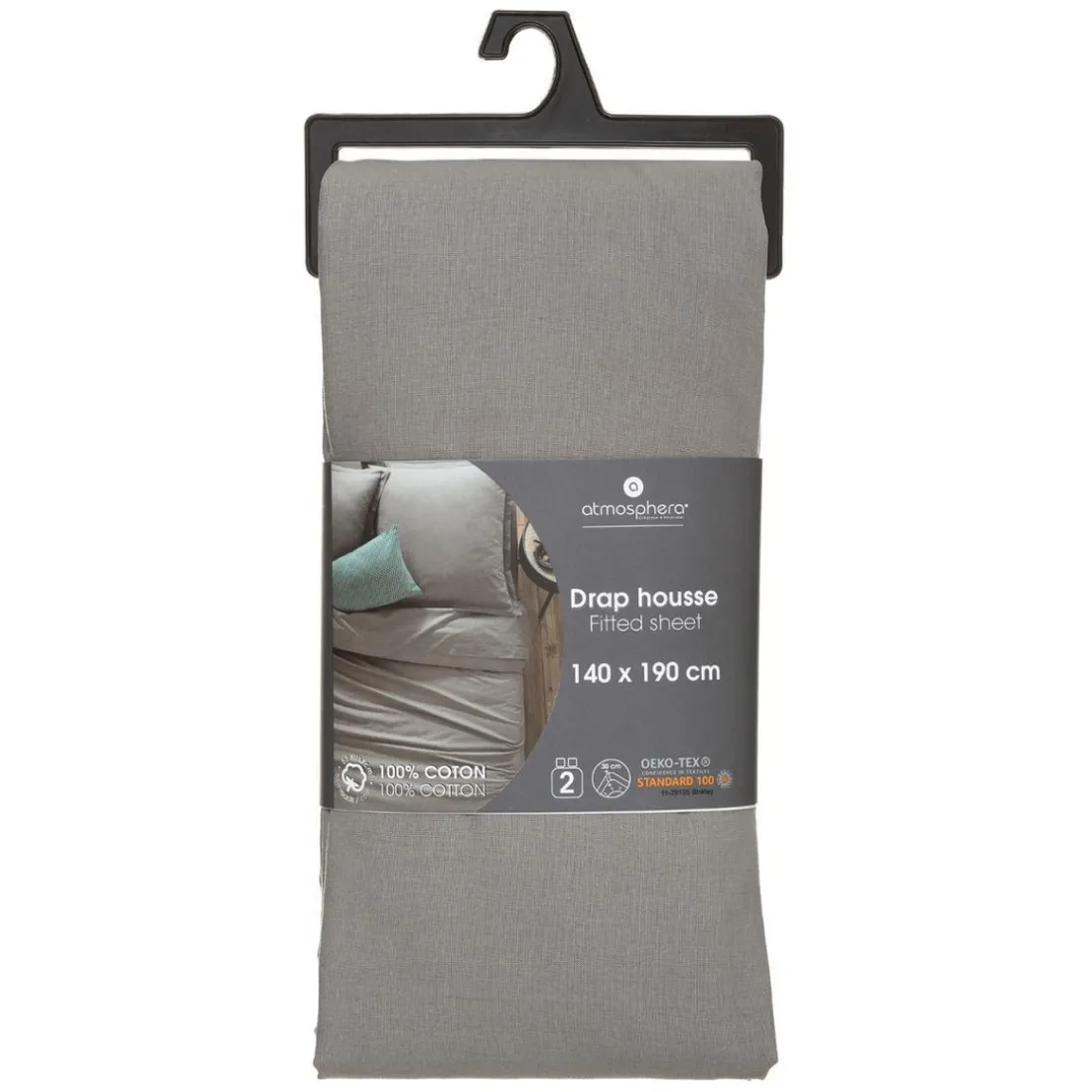 Drap-housse en coton, gris, bonnet H30cm, 140x190 cm