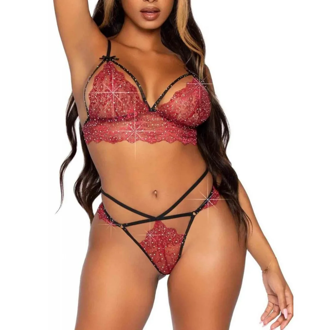 Ensemble 2 pièces - Bralette et String en dentelle à lanières - Rouge Leg Avenue