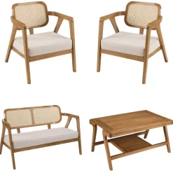 Ensemble canapé 2 places 2 fauteuils et 1 table basse FLORES en teck WILL Marron