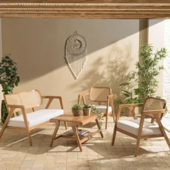 Ensemble canapé 2 places 2 fauteuils et 1 table basse FLORES en teck WILL Marron