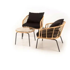 Ensemble de 2 fauteuils rotin synthétique et table basse ronde MALO