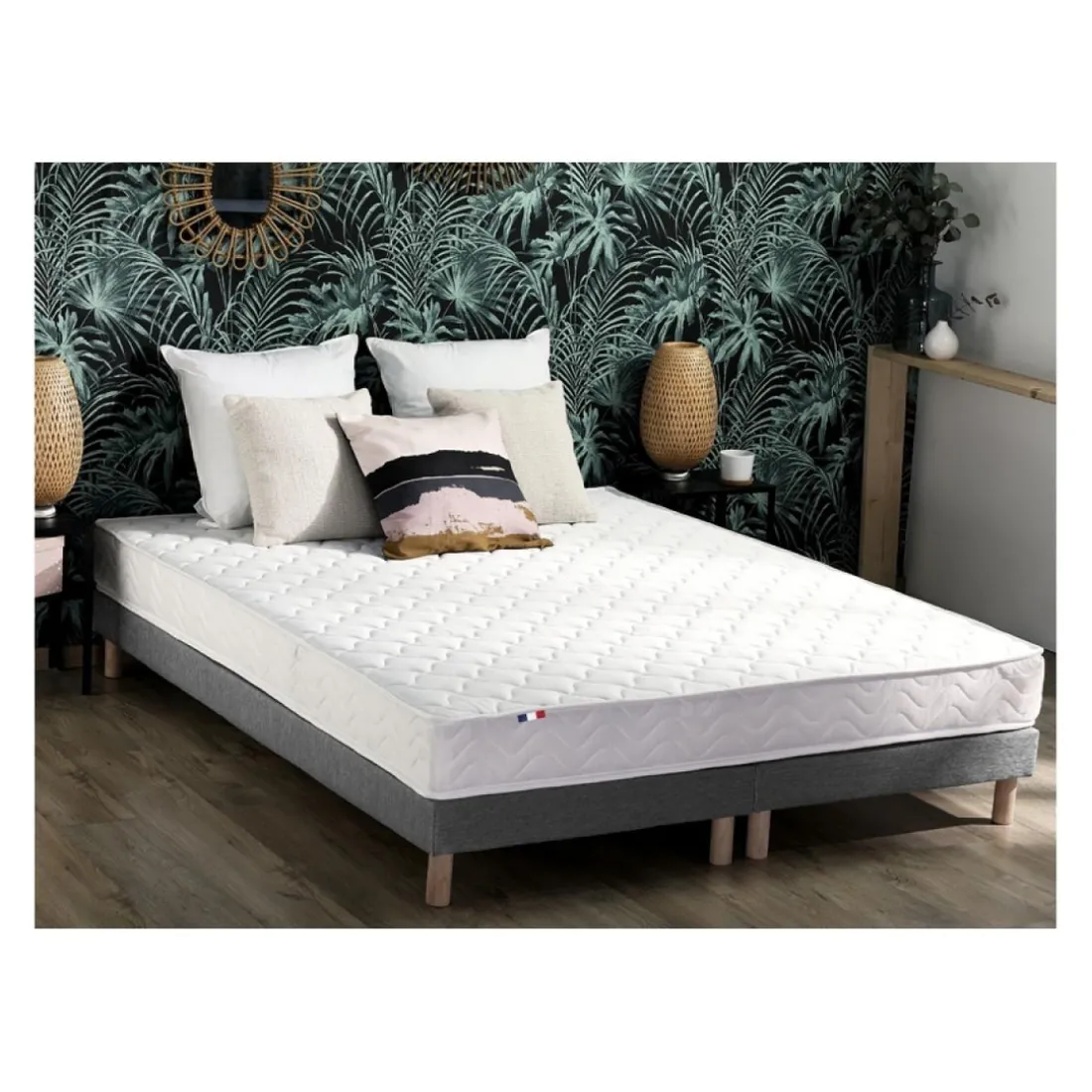 Ensemble Matelas Ressorts Fermes biconiques SPECTOS + Sommier Made in France - Sommier Gris chiné
