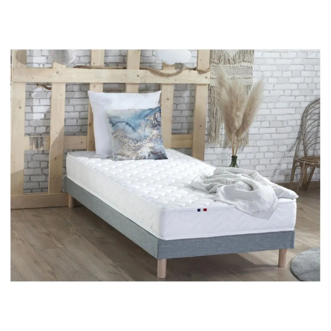 Ensemble Matelas Ressorts Fermes biconiques SPECTOS + Sommier Made in France - Sommier Gris chiné