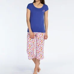 Ensemble Pyjama Femme Corsaire - Haut uni et bas imprimé bleu