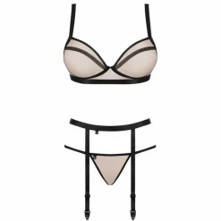 Ensemble Soutien-gorge corbeille, String et Porte-jarretelles Obsessive nude