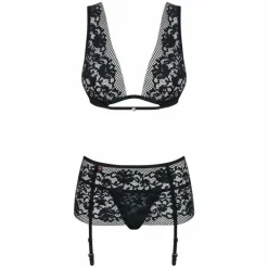 Ensemble Soutien-gorge plongeant, String et Porte-jaretelles - Noir
