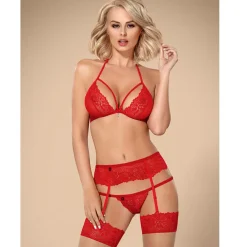 Ensemble soutien-gorge, string et porte-jarretelles en dentelle rouge