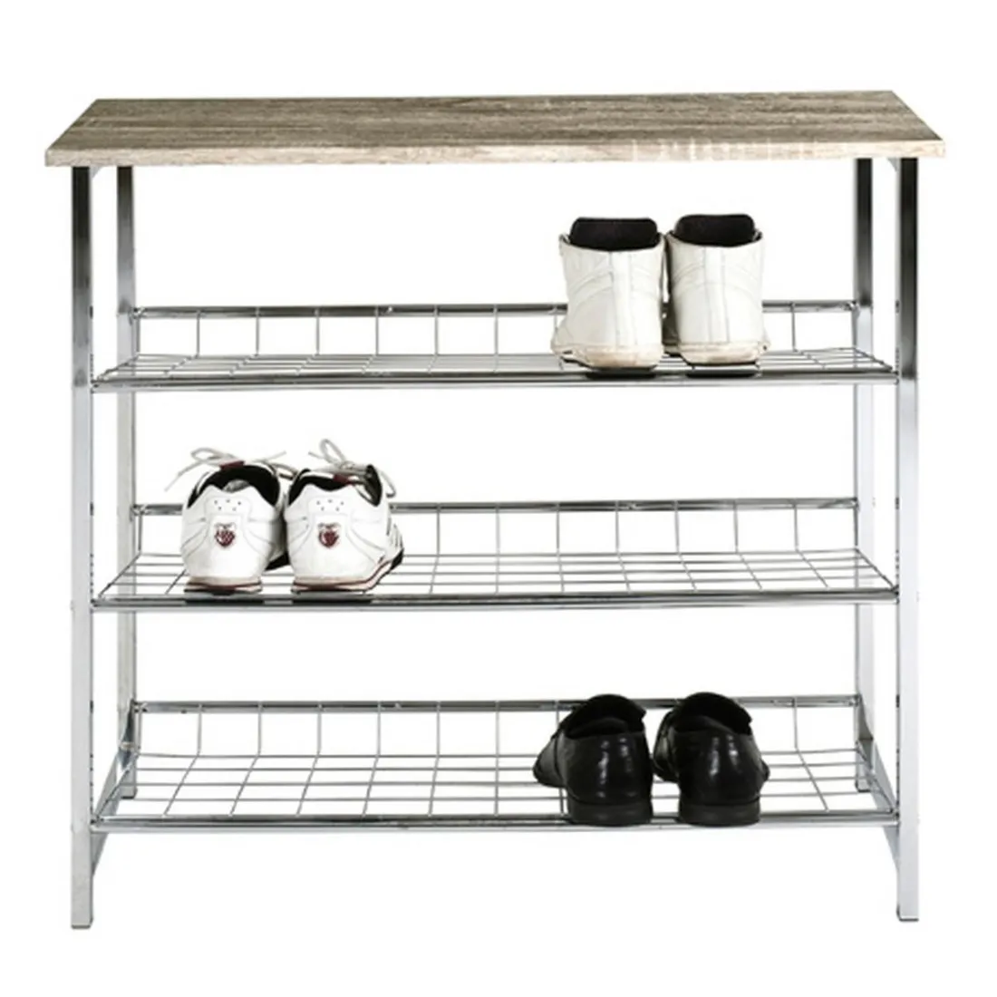 Etagère à chaussures plateau décor chène trois niveaux
