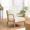 Fauteuil bas tissu bouclette écru structure et accoudoirs bois PIERRE