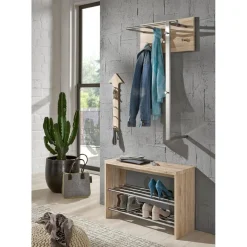 Garderobe murale décor chène crochets et tige en acier