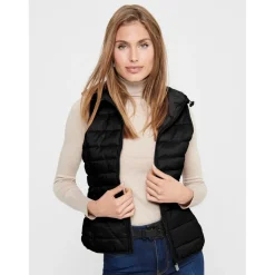Gilet matelassé Col montant haut Sans manches Cordon de serrage à la taille noir en nylon