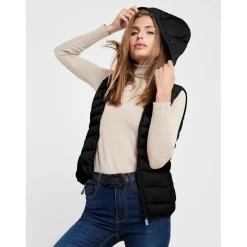 Gilet matelassé Col montant haut Sans manches Cordon de serrage à la taille noir en nylon