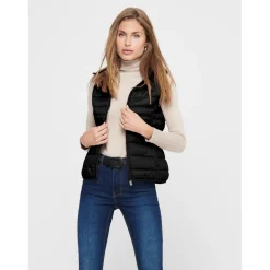 Gilet matelassé Col montant haut Sans manches Cordon de serrage à la taille noir en nylon