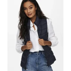 Gilet matelassé long col haut bleu foncé en nylon Ivy