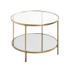 Grande table d'appoint ronde acier laqué d’or et plateaux miroir et verre trempé