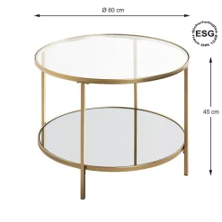 Grande table d'appoint ronde acier laqué d’or et plateaux miroir et verre trempé