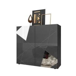 Highboard 2 portes gris laqué avec sérigraphie et miroir