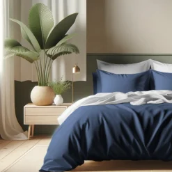 Housse de couette Coton TERTIO® - Blanc / Bleu indigo