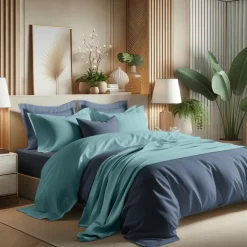 Housse de couette coton TERTIO® - Bleu Glacier / Bleu Orage