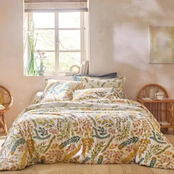 Housse de couette en coton motif feuillage beige PAULINE
