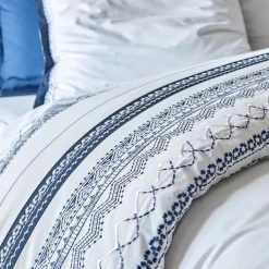Housse de couette en percale de coton frises brodées CUPTEA bleu marine
