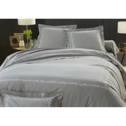 Housse de couette en percale de coton ADELE fleurs brodées et torsades- gris